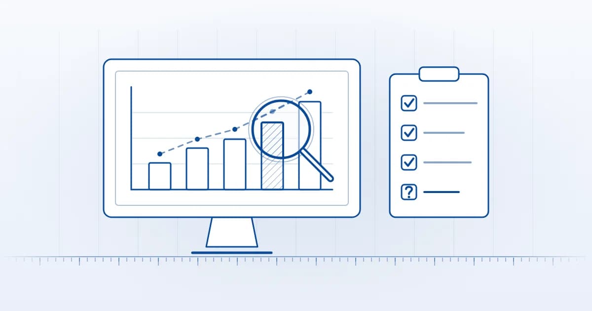 A screen showing a production chart, a magnifying glass over the screen and, beside it, a checklist whose last line is a question mark