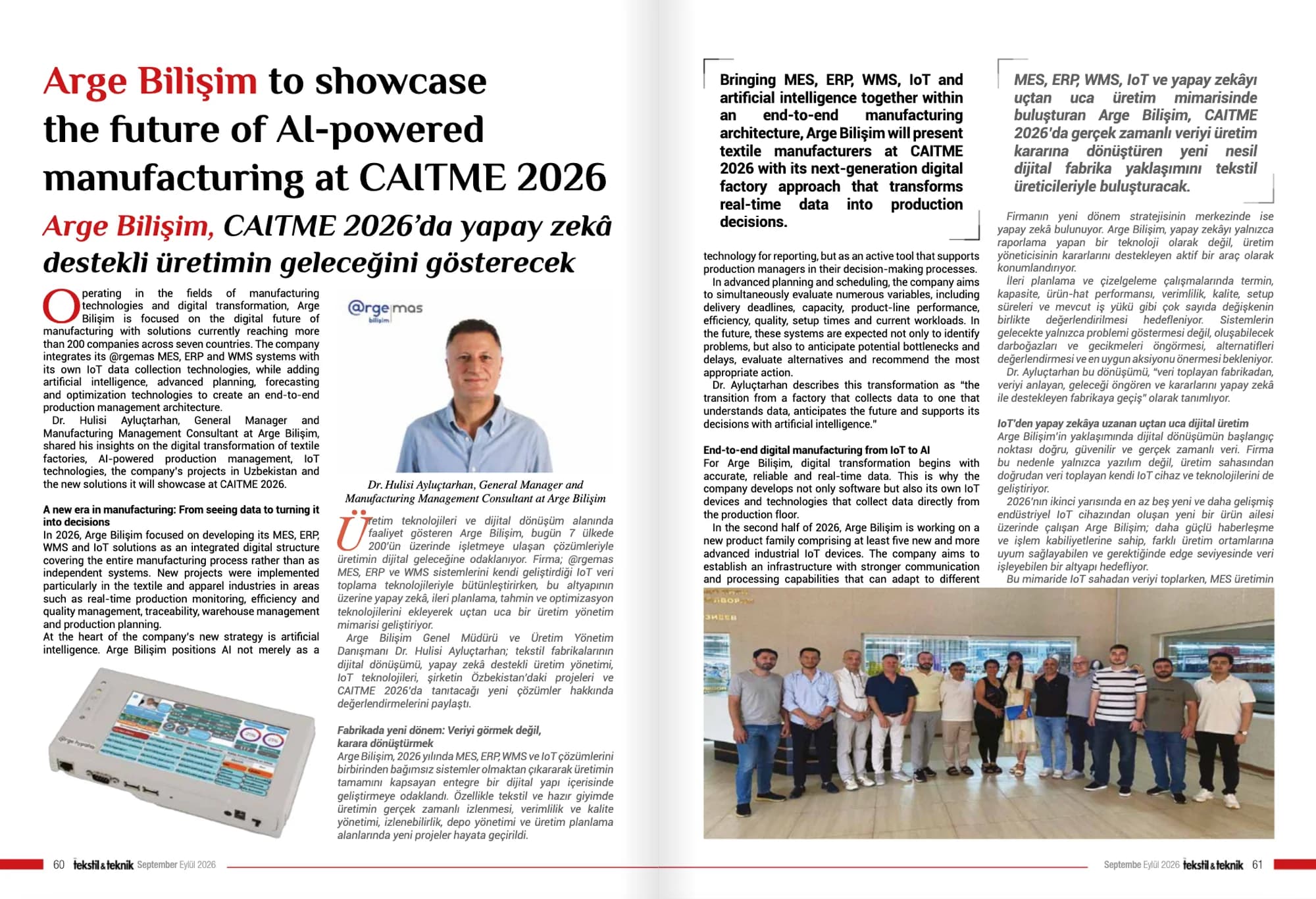 Pages 60 and 61 of the September 2026 issue of Tekstil & Teknik: the Arge Bilişim interview with a photograph of Dr. Hulisi Ayluçtarhan.